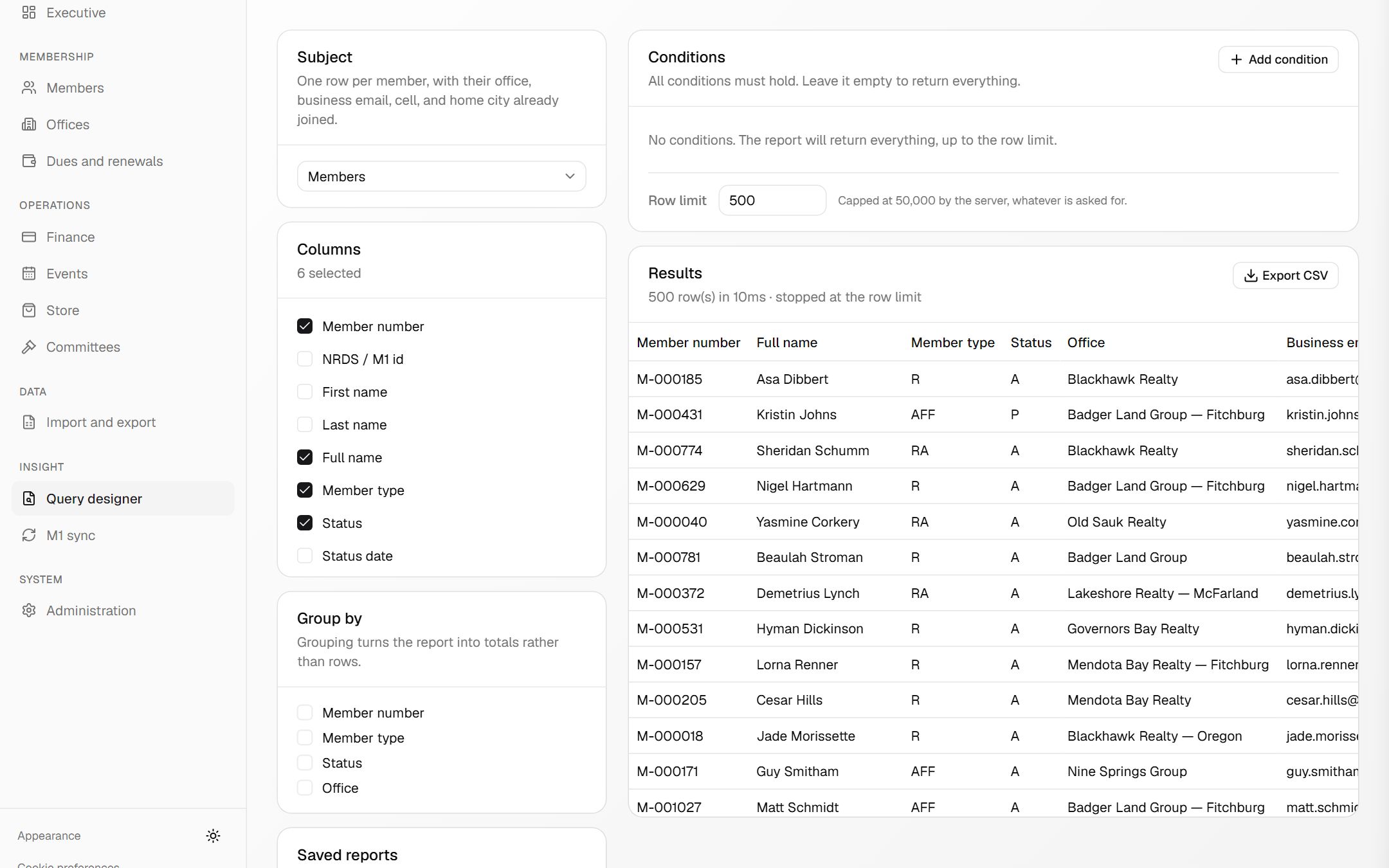 The report builder with columns chosen and a page of member results